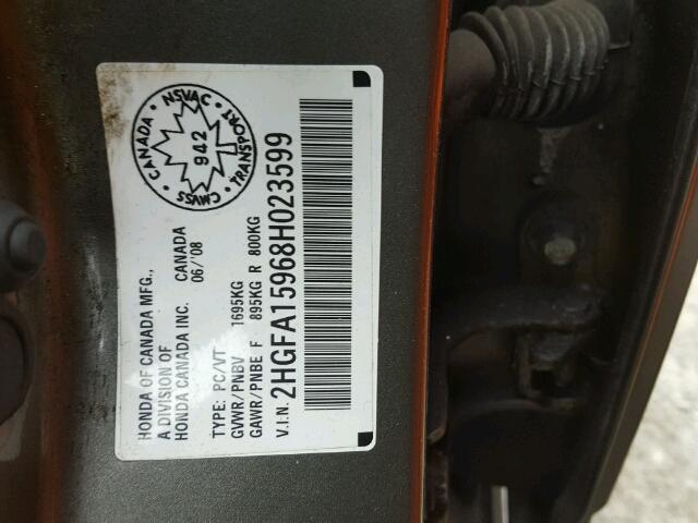 2HGFA15968H023599 - 2008 HONDA CIVIC EXL BEIGE photo 10