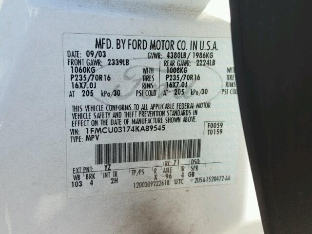 1FMCU03174KA89545 - 2004 FORD ESCAPE XLT WHITE photo 10