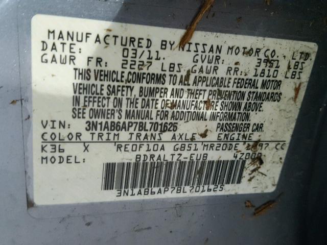 3N1AB6AP7BL701625 - 2011 NISSAN SENTRA 2.0 SILVER photo 10