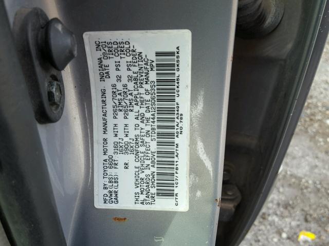 5TDBT44A12S065353 - 2002 TOYOTA SEQUOIA SR SILVER photo 10