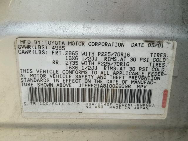 JTEHF21A810029098 - 2001 TOYOTA HIGHLANDER SILVER photo 10