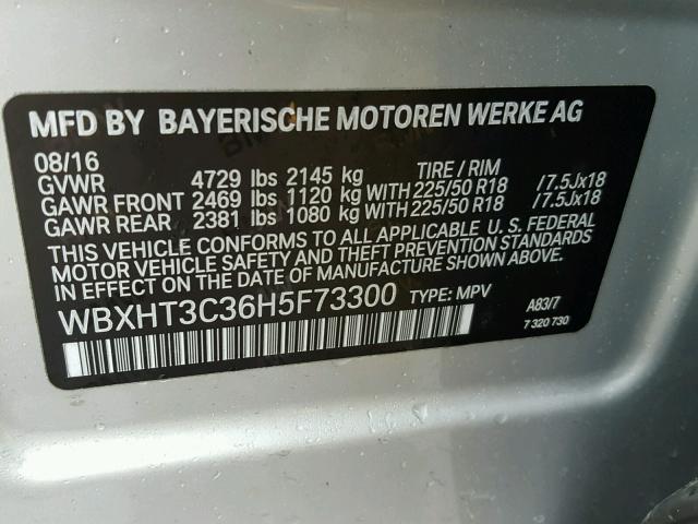 WBXHT3C36H5F73300 - 2017 BMW X1 XDRIVE2 SILVER photo 10