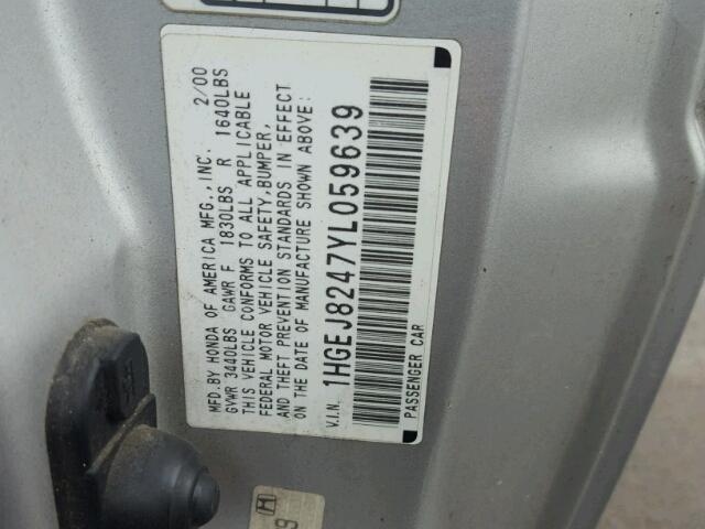 1HGEJ8247YL059639 - 2000 HONDA CIVIC EX 银色 照片 10