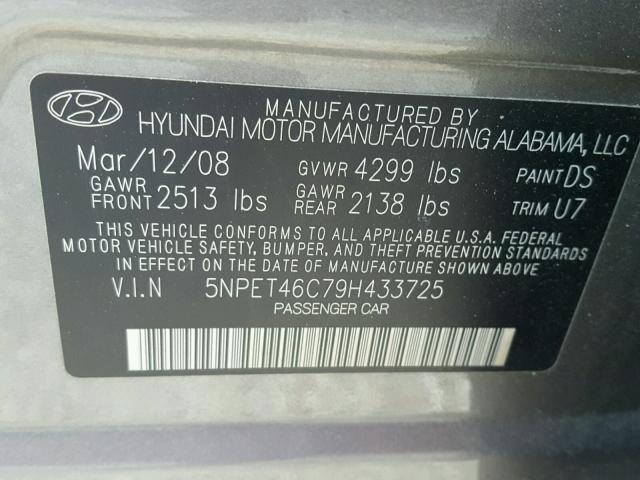 5NPET46C79H433725 - 2009 HYUNDAI SONATA GLS BLUE photo 10