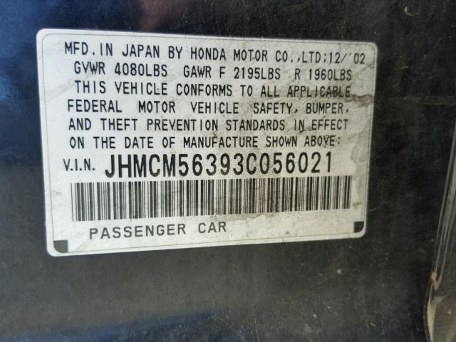 JHMCM56393C056021 - 2003 HONDA ACCORD LX BLACK photo 10