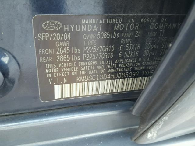 KM8SC13D45U885092 - 2005 HYUNDAI SANTA FE G BLUE photo 10