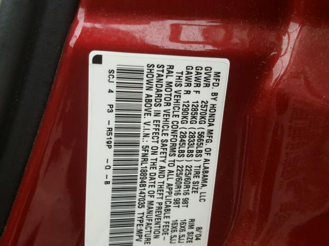 5FNRL18894B147035 - 2004 HONDA ODYSSEY EX RED photo 10