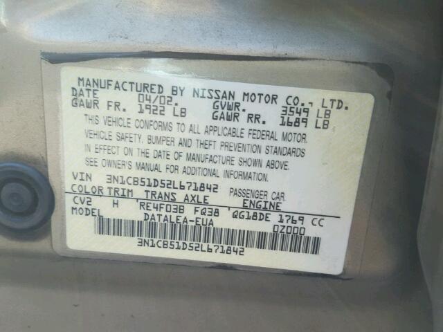 3N1CB51D52L671842 - 2002 NISSAN SENTRA XE GOLD photo 10