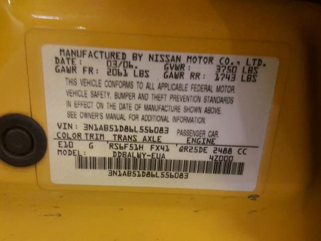 3N1AB51D86L556083 - 2006 NISSAN SENTRA SE- YELLOW photo 10