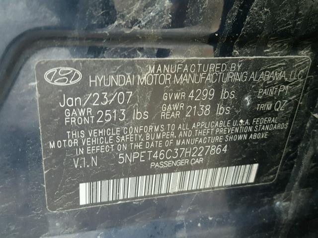 5NPET46C37H227864 - 2007 HYUNDAI SONATA GLS BLUE photo 10