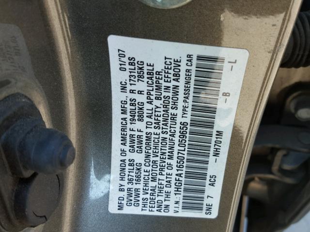 1HGFA16507L059656 - 2007 HONDA CIVIC LX CHARCOAL photo 10