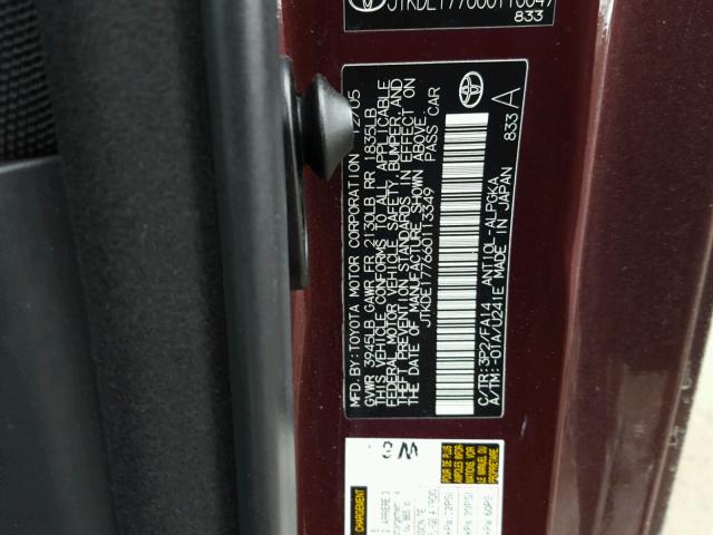 JTKDE177660113349 - 2006 TOYOTA SCION TC MAROON photo 10