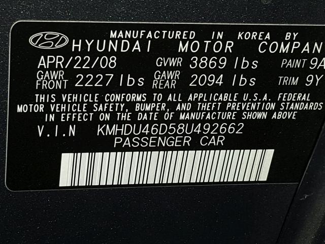 KMHDU46D58U492662 - 2008 HYUNDAI ELANTRA GL GRAY photo 10