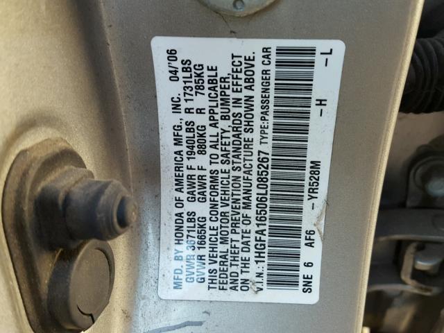 1HGFA16506L085267 - 2006 HONDA CIVIC LX GOLD photo 10