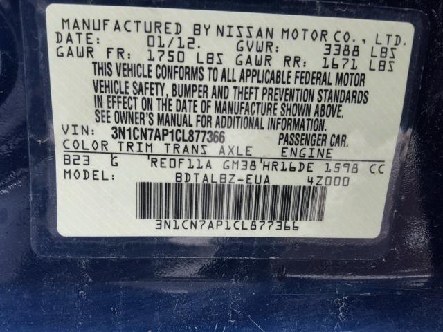 3N1CN7AP1CL877366 - 2012 NISSAN VERSA S BLUE photo 10