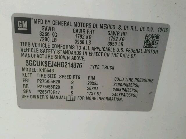 3GCUKSEJ4HG214876 - 2017 CHEVROLET SILVERADO WHITE photo 10