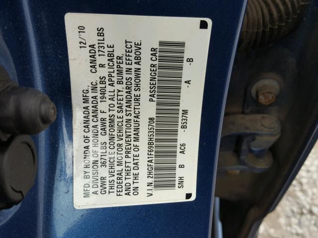 2HGFA1F69BH535708 - 2011 HONDA CIVIC LX-S BLUE photo 10