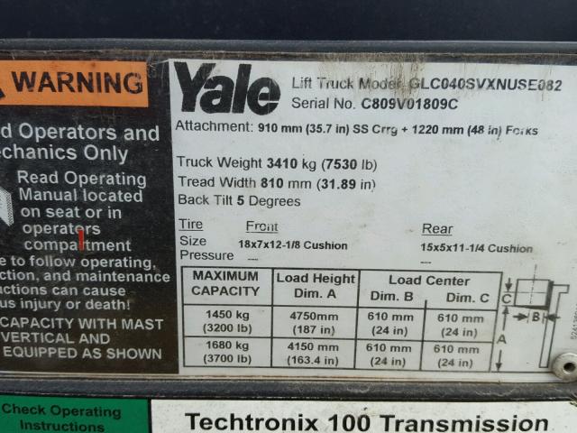 C809V01809C - 2007 YALE FORKLIFT YELLOW photo 10