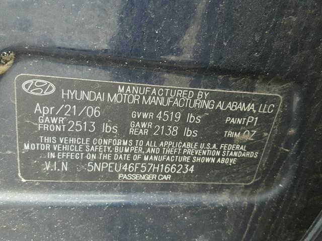 5NPEU46F57H166234 - 2007 HYUNDAI SONATA SE BLUE photo 10