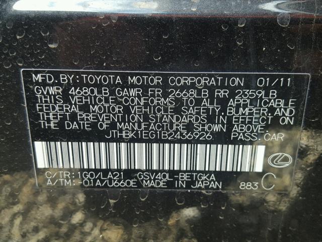 JTHBK1EG1B2436926 - 2011 LEXUS ES 350 BLACK photo 10