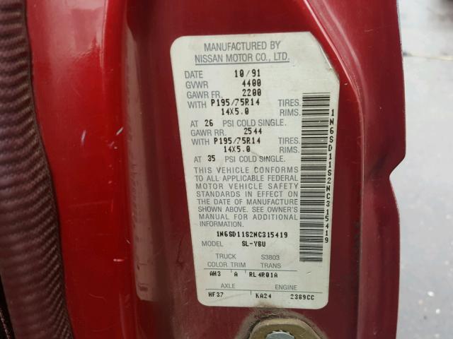 1N6SD11S2NC315419 - 1992 NISSAN TRUCK SHOR RED photo 10
