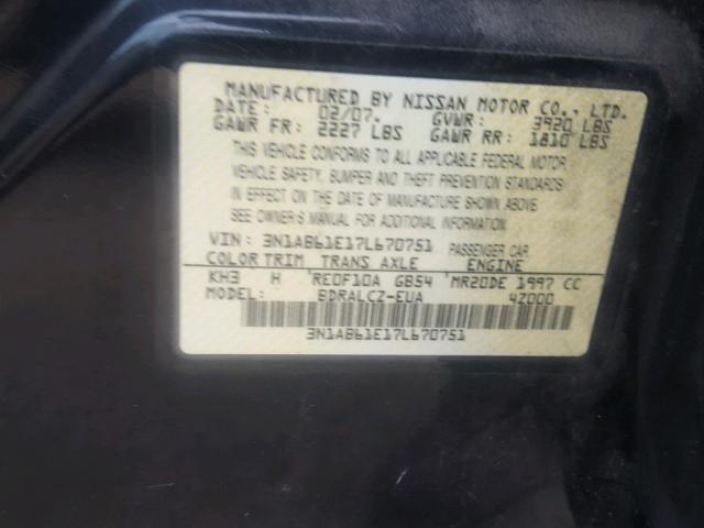 3N1AB61E17L670751 - 2007 NISSAN SENTRA 2.0 BLUE photo 10