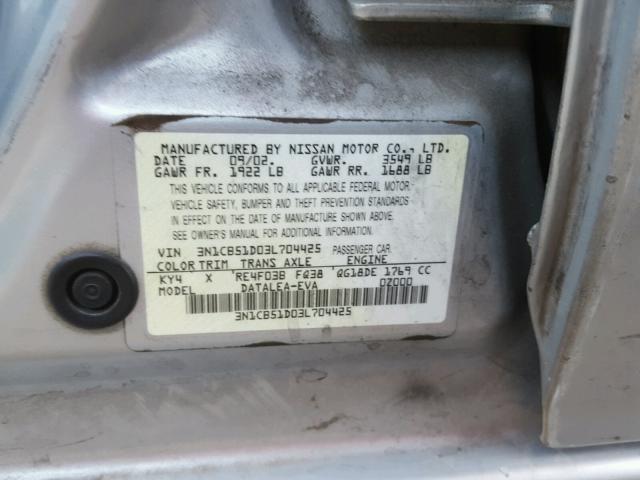 3N1CB51D03L704425 - 2003 NISSAN SENTRA XE SILVER photo 10