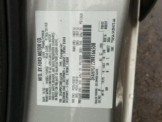 3FAHP07Z28R166508 - 2008 FORD FUSION SE SILVER photo 10