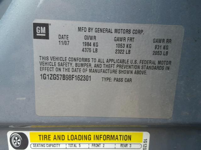 1G1ZG57B98F162301 - 2008 CHEVROLET MALIBU LS TEAL photo 10