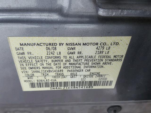 1N4AL21EX8N541689 - 2008 NISSAN ALTIMA 2.5 GRAY photo 10