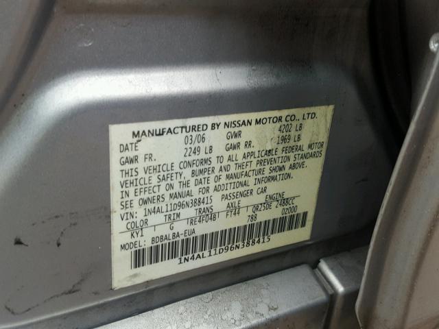 1N4AL11D96N388415 - 2006 NISSAN ALTIMA S SILVER photo 10