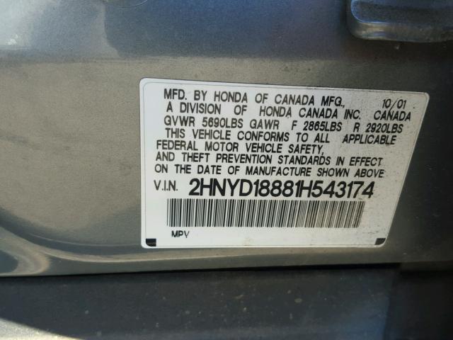 2HNYD18881H543174 - 2001 ACURA MDX TOURIN GRAY photo 10