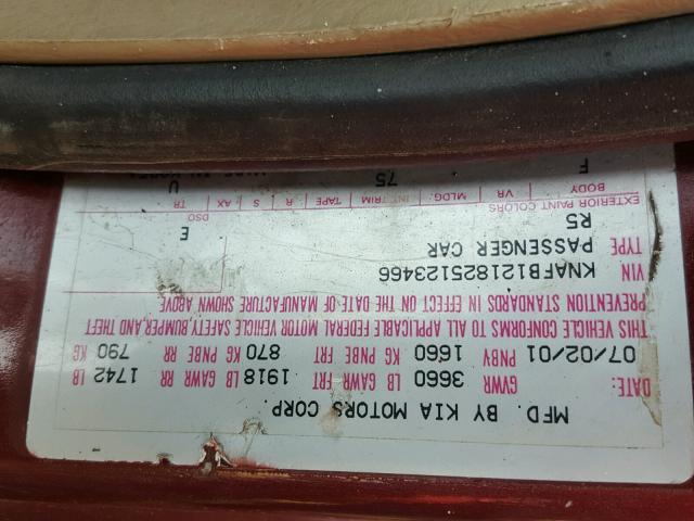 KNAFB121825123466 - 2002 KIA SPECTRA BA RED photo 10