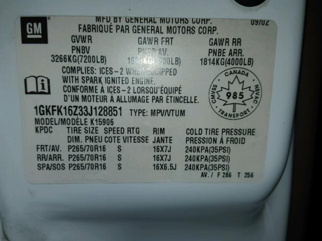 1GKFK16Z33J128851 - 2003 GMC YUKON XL K WHITE photo 10