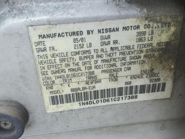 1N4DL01D61C217388 - 2001 NISSAN ALTIMA XE SILVER photo 10