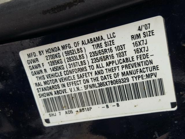 5FNRL386X7B069329 - 2007 HONDA ODYSSEY EX BLUE photo 10