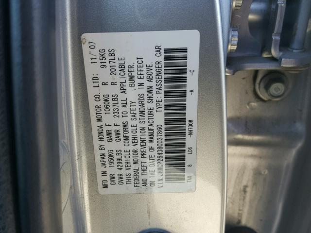 JHMCP26438C037860 - 2008 HONDA ACCORD LXP SILVER photo 10