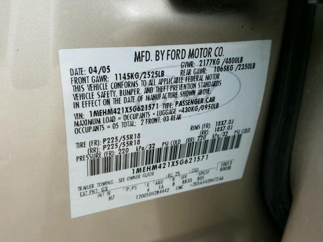 1MEHM421X5G621571 - 2005 MERCURY MONTEGO PR 金色 照片 10