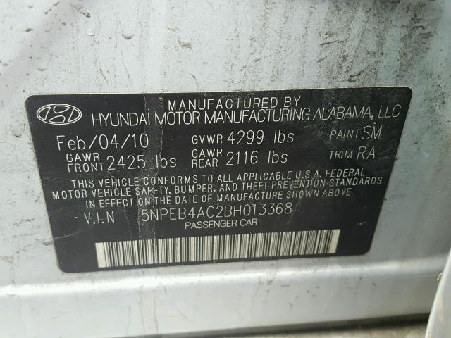 5NPEB4AC2BH013368 - 2011 HYUNDAI SONATA GLS SILVER photo 10