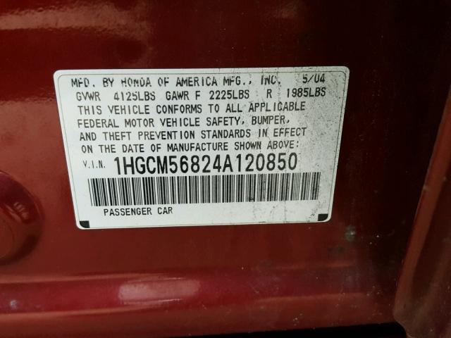 1HGCM56824A120850 - 2004 HONDA ACCORD EX BURGUNDY photo 10