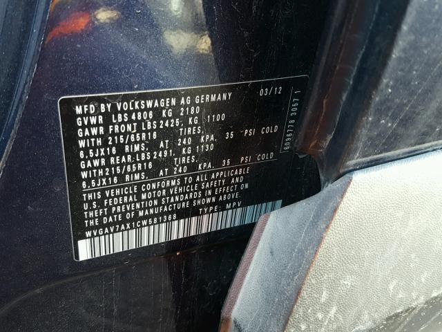 WVGAV7AX1CW581368 - 2012 VOLKSWAGEN TIGUAN S BLUE photo 10