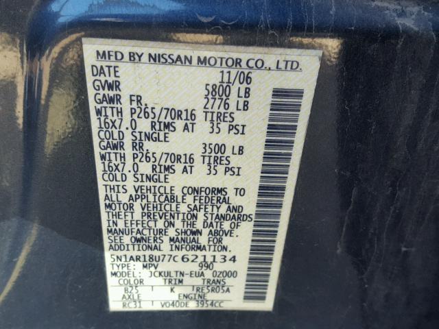 5N1AR18U77C621134 - 2007 NISSAN PATHFINDER BLUE photo 10