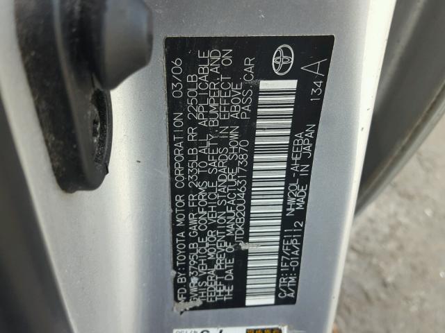 JTDKB20U463173870 - 2006 TOYOTA PRIUS GRAY photo 10