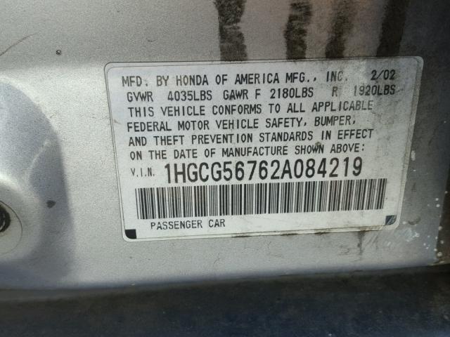 1HGCG56762A084219 - 2002 HONDA ACCORD SE SILVER photo 10