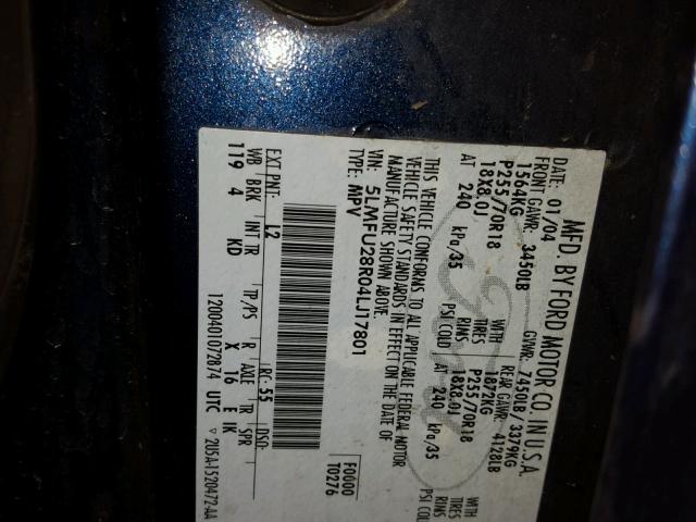 5LMFU28R04LJ17801 - 2004 LINCOLN NAVIGATOR BLUE photo 10