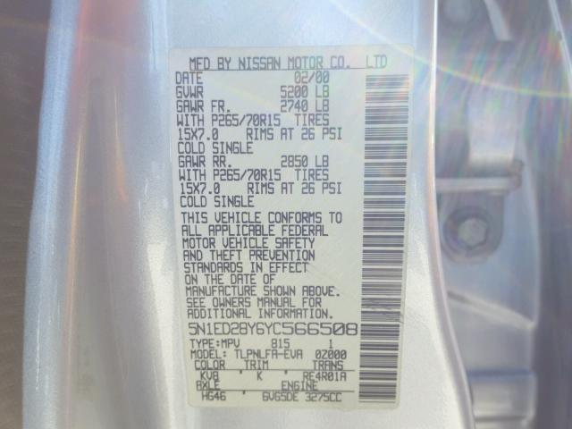 5N1ED28Y6YC566508 - 2000 NISSAN XTERRA XE SILVER photo 10