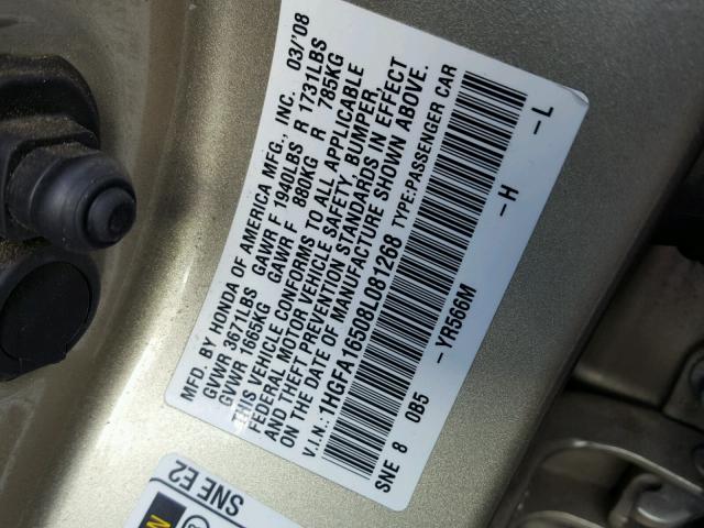 1HGFA16508L081268 - 2008 HONDA CIVIC LX BEIGE photo 10