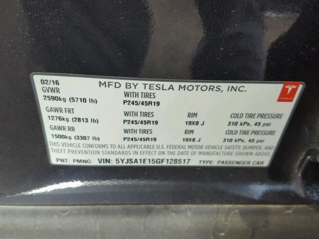 5YJSA1E15GF128517 - 2016 TESLA MODEL S GRAY photo 10