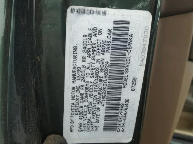 4T1BG22K0YU960224 - 2000 TOYOTA CAMRY CE GREEN photo 10