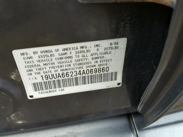 19UUA66234A069860 - 2004 ACURA TL GRAY photo 10